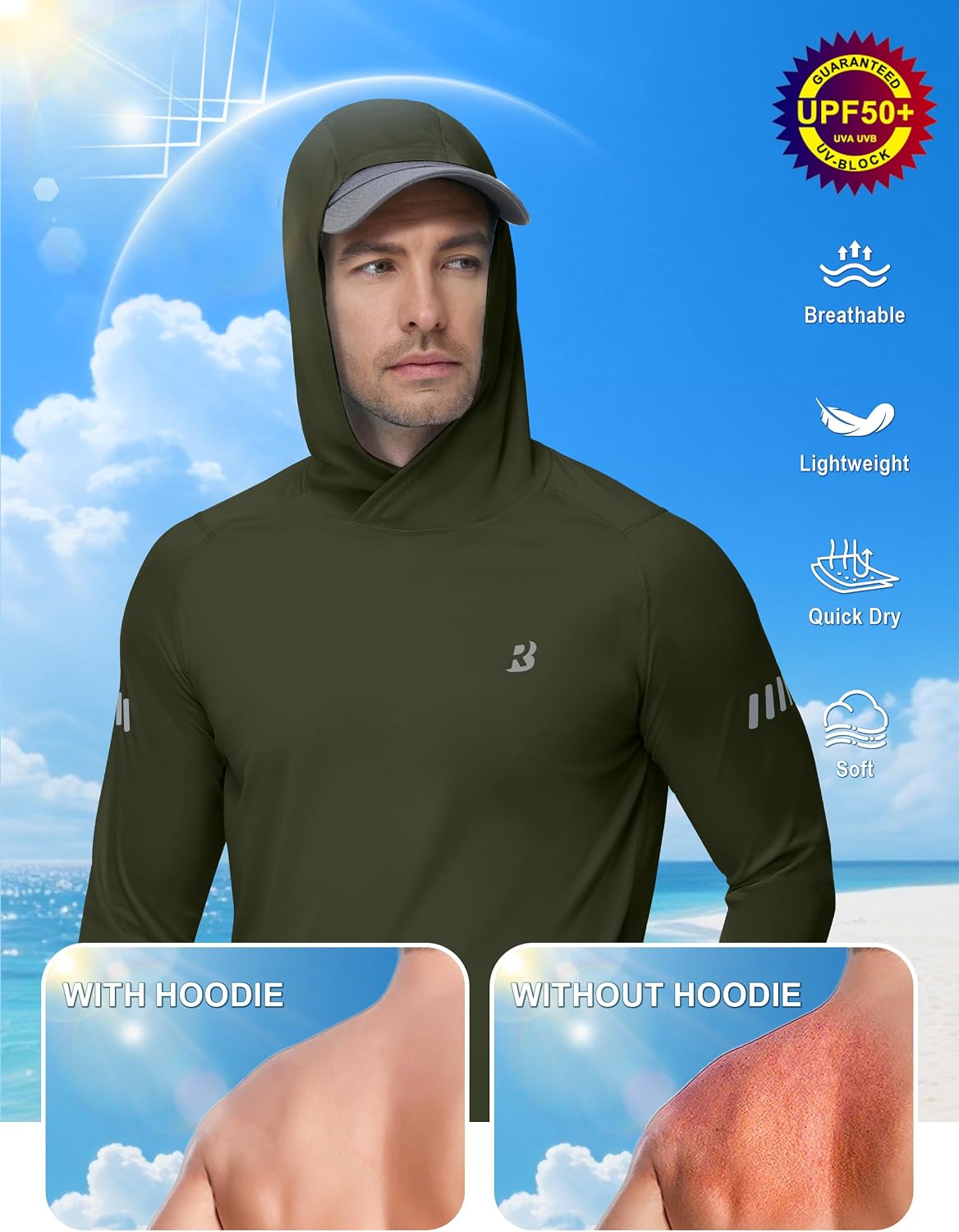 Roadbox Men's UPF 50+ Sun Hoodie, UV Long Sleeve Fishing Shirts Rash Guard