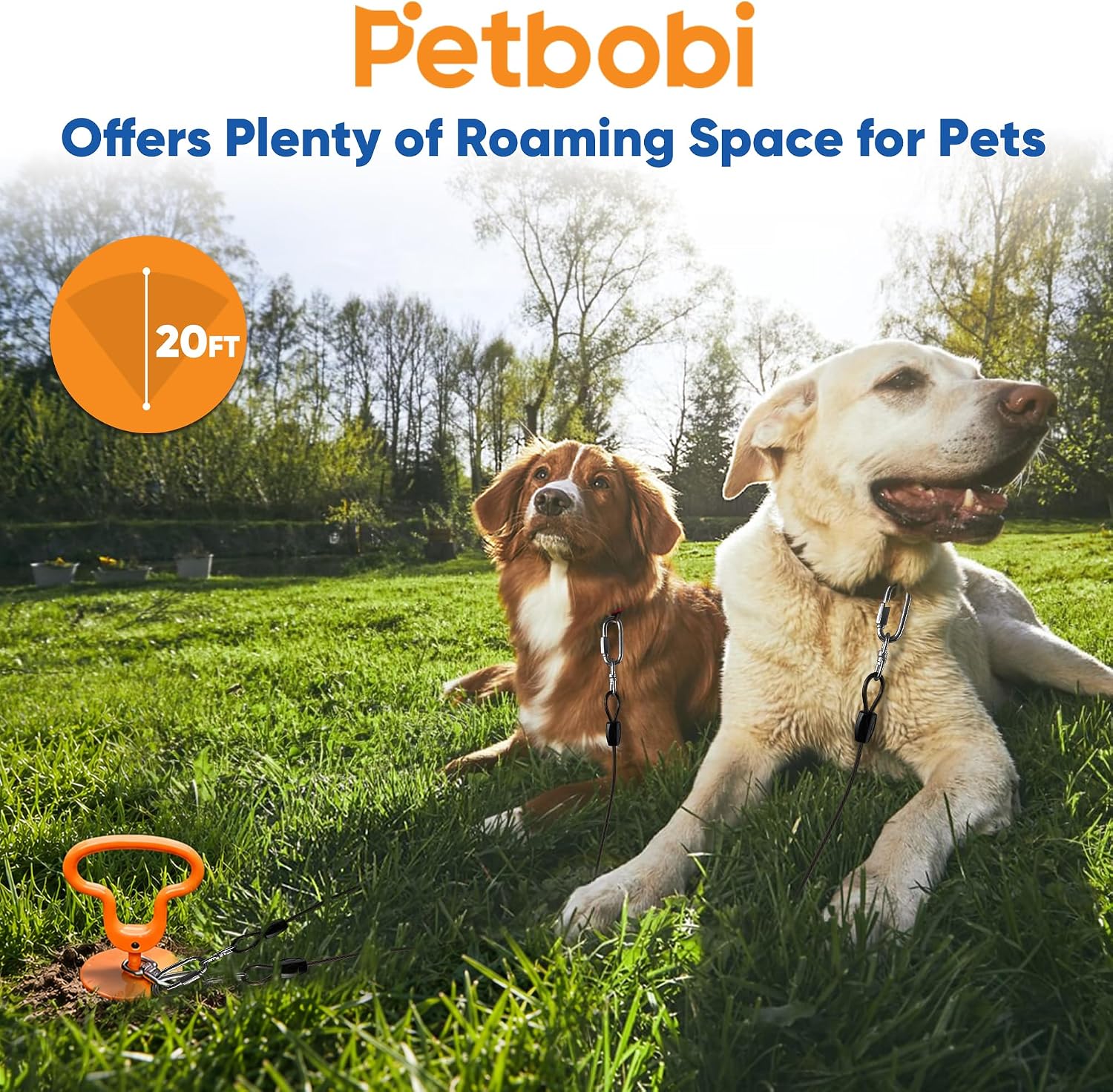 Petbobi Dog Tie Out Cable & Stake, Heavy Duty 20FT Lead for 300lbs Dog