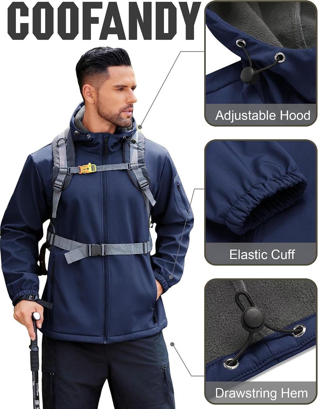 COOFANDY Men's Hooded Softshell Jacket Waterproof Fleece Lined Windbreaker Lightweight Outdoor Hiking Jacket