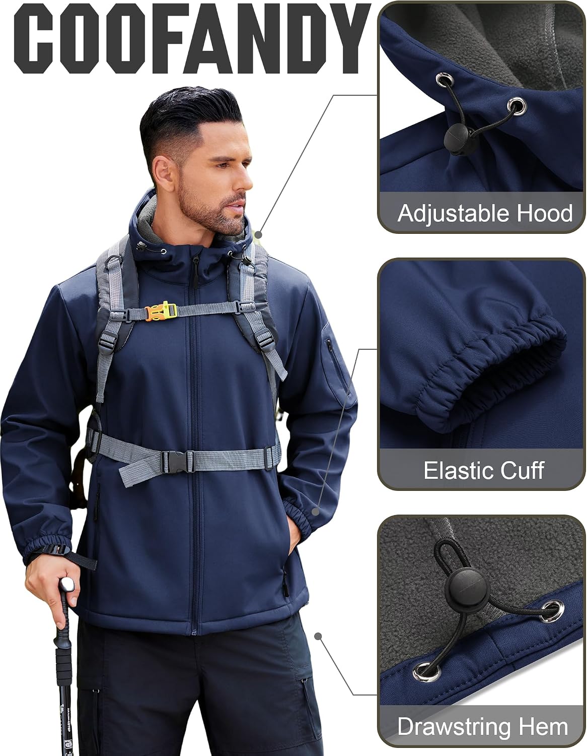 COOFANDY Men's Hooded Softshell Jacket Waterproof Fleece Lined Windbreaker Lightweight Outdoor Hiking Jacket