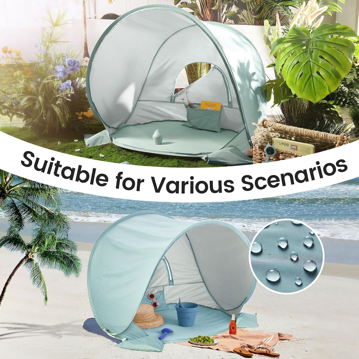 Tiny Land Baby Beach Tent, Pop Up Baby Tent with UPF 50+ Sun Protection | Portable Baby Beach Essentials, 35.4"x27.6"x31.5" Sun Shelter for Infants, Baby Outdoor Use, Pastel Aqua