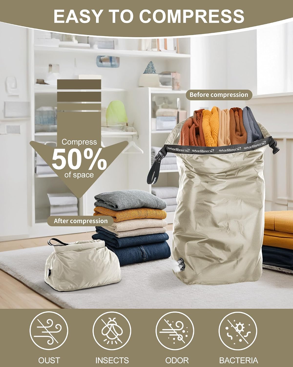 Travel Laundry Bag, Pump-Free Vacuum Compression Dirty Clothes Bag for Suitcases, Medium Waterproof Wet Dry Bag, Space Saver Reusable Laundry Bag for Cruise Essentials, Road Trip & Dorm, Grey