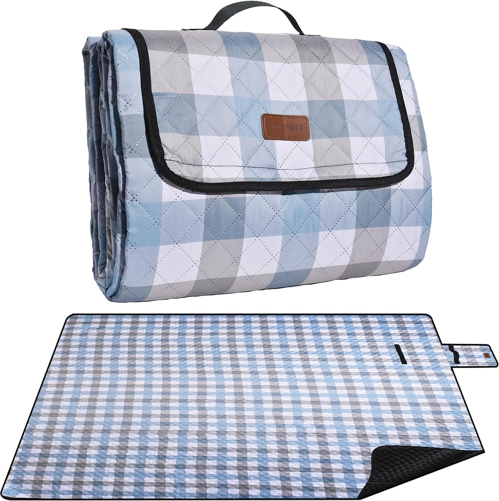 Extra Large Picnic Blanket 80''x 80'' Waterproof Foldable Picnic Mat for Beach, 5-Layer Outdoor Blanket for 6 to 8 Adults,Camping Grass Lawn Park Accessories Couple Park Wedding Registry(Blue Gray)