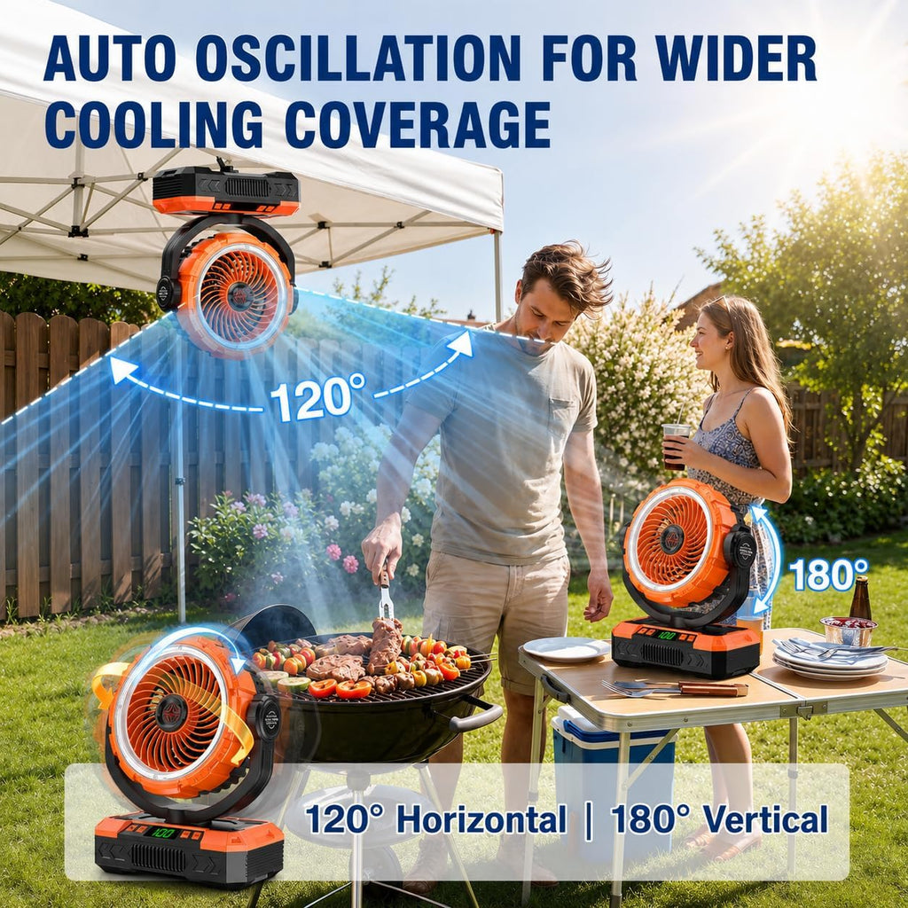 9-Inch Rechargeable Camping Fan 【Auto-Oscillating, Max 60H】20000mAh Portable Battery Powered Operated Fan,Light,Timer,Hook,Outdoor Tent Fans for Patios,Beach,Fishing,Emergency,Camping Gear Essentials