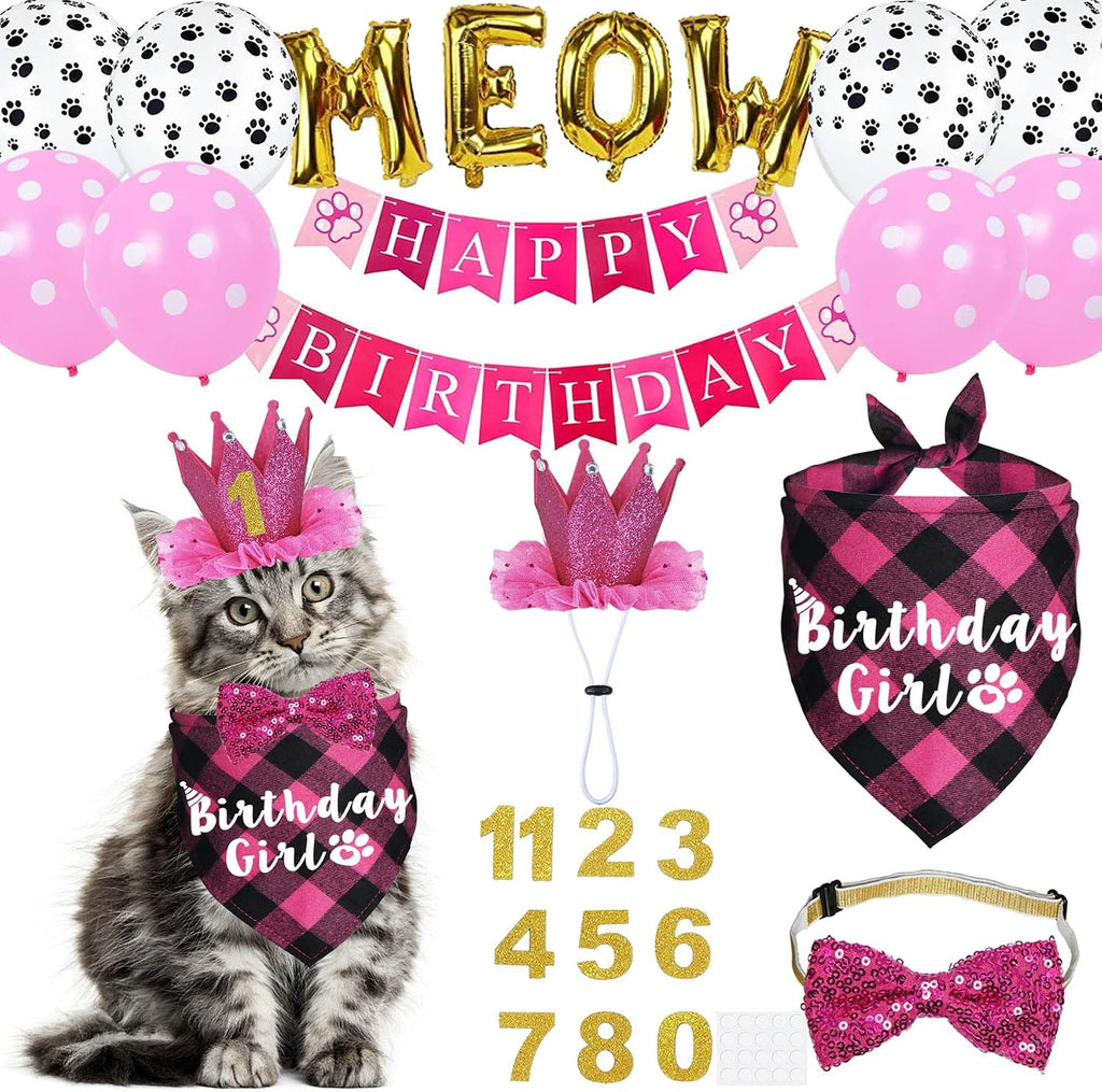 Cat Birthday Party Supplies, Cat Birthday Hat Crown with Number Bandana Bow Tie Banner Balloons Meow Balloons for Cats Kittens Decorations