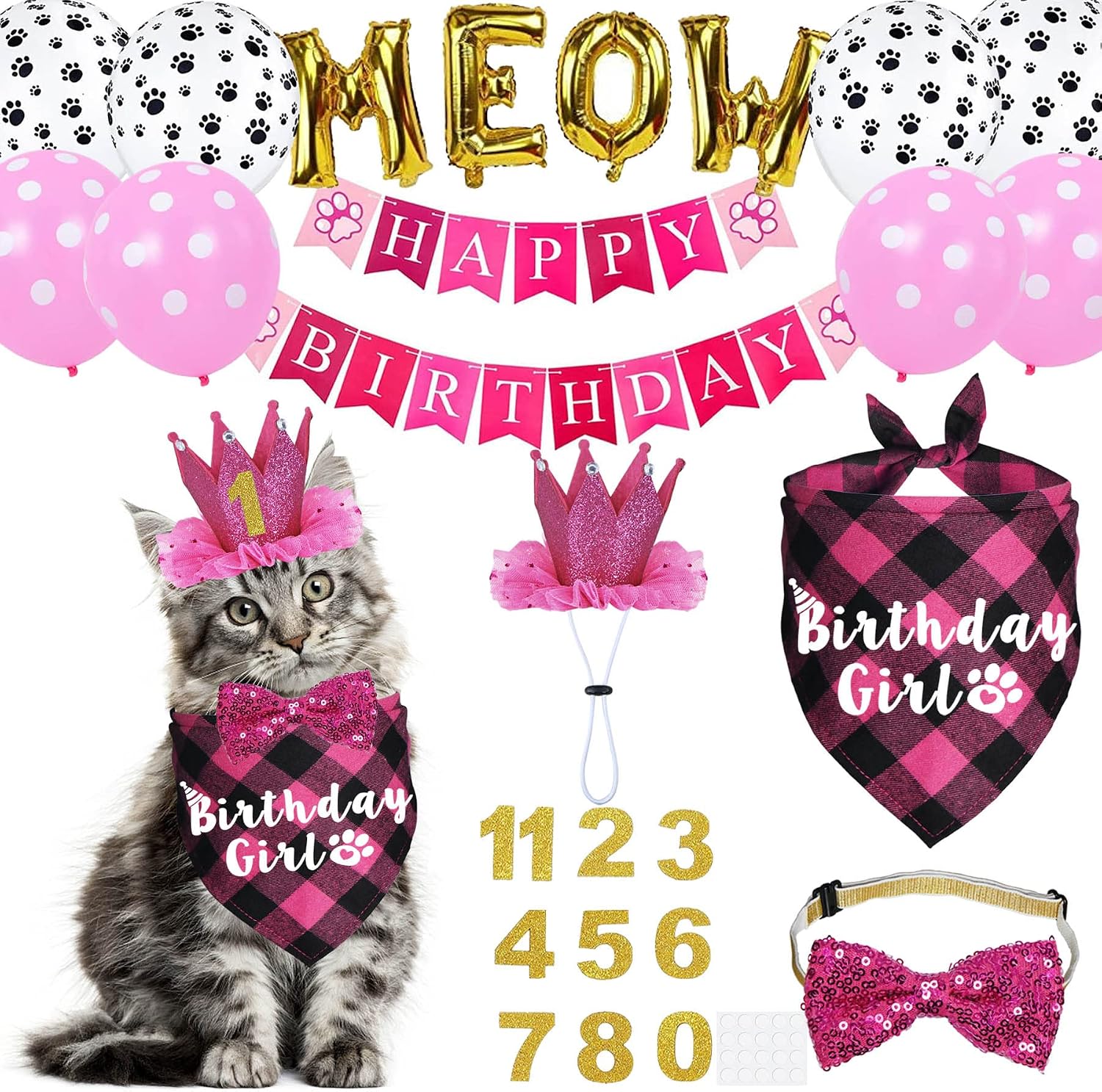 Cat Birthday Party Supplies, Cat Birthday Hat Crown with Number Bandana Bow Tie Banner Balloons Meow Balloons for Cats Kittens Decorations