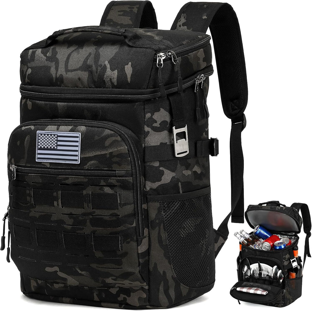 Tactical Cooler Backpack for Men, Double Deck Insulated Cooler Bag 40 Cans, Soft Lunch Backpack with 16H Ice Retention Waterproof Leakproof Picnic Backpack for Work Beach Camping BBQ Hiking