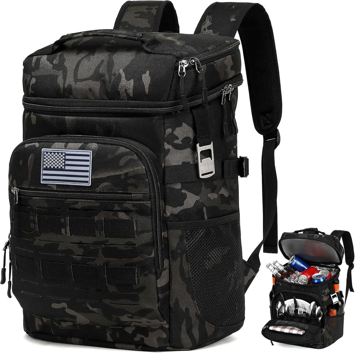 Tactical Cooler Backpack for Men, Double Deck Insulated Cooler Bag 40 Cans, Soft Lunch Backpack with 16H Ice Retention Waterproof Leakproof Picnic Backpack for Work Beach Camping BBQ Hiking