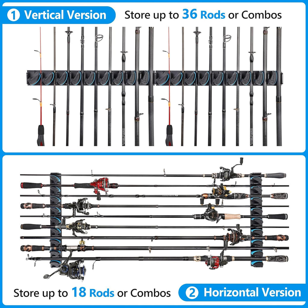 PLUSINNO 4 Pack Vertical Fishing Rod Rack, Wall Mounted Fishing Rod holder, 4 Packs Fishing Pole Holders Hold Up to 36 Rods or Combos, Fishing rod holders for garage, Fishing Gear and Gifts for Men