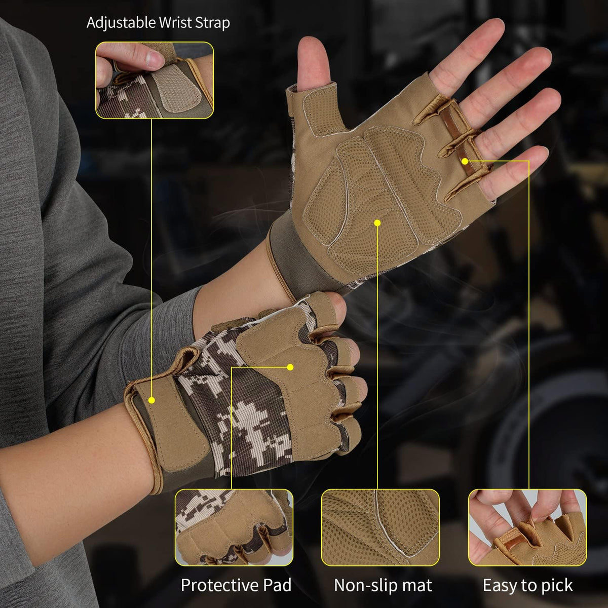 FIORETTO Fingerless Gloves for Men, Breathable Grip Palm Gloves for Motorcycle Riding, Driving, Cycling, Exercise, Workout, Climbing, Hiking and Outdoor Activities M210603