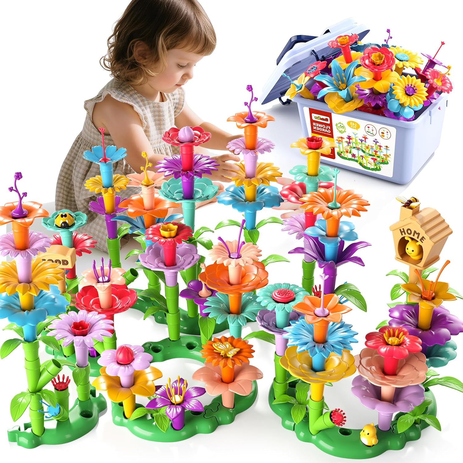 112 Pcs Flower Garden Toy, Toddler Girl Toys 3-4 Years Old Girls Gardening Building Gifts Set Best Educational Learning Fine DIY Crafts Stem Construction Stacking Kit for 3 4 5 6 7 Year Kids Birthday