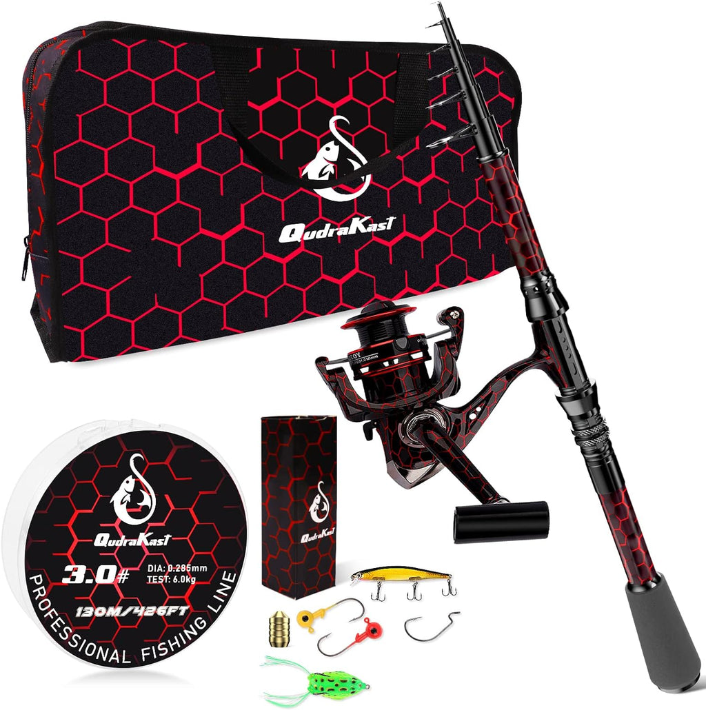 QudraKast Fishing Rod and Reel Combos, Carbon Fiber Telescopic Fishing Pole