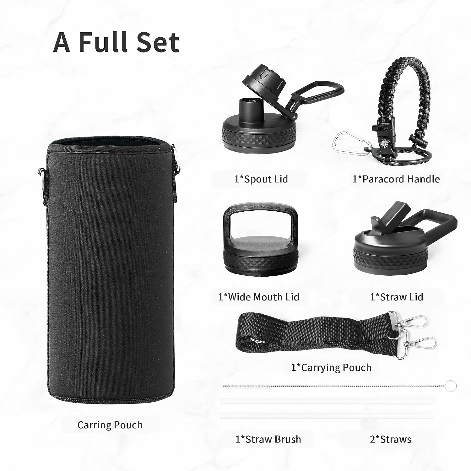 Trebo Insulated Water Bottle 32 oz with 3 Lids, Paracord Handle & Sleeve
