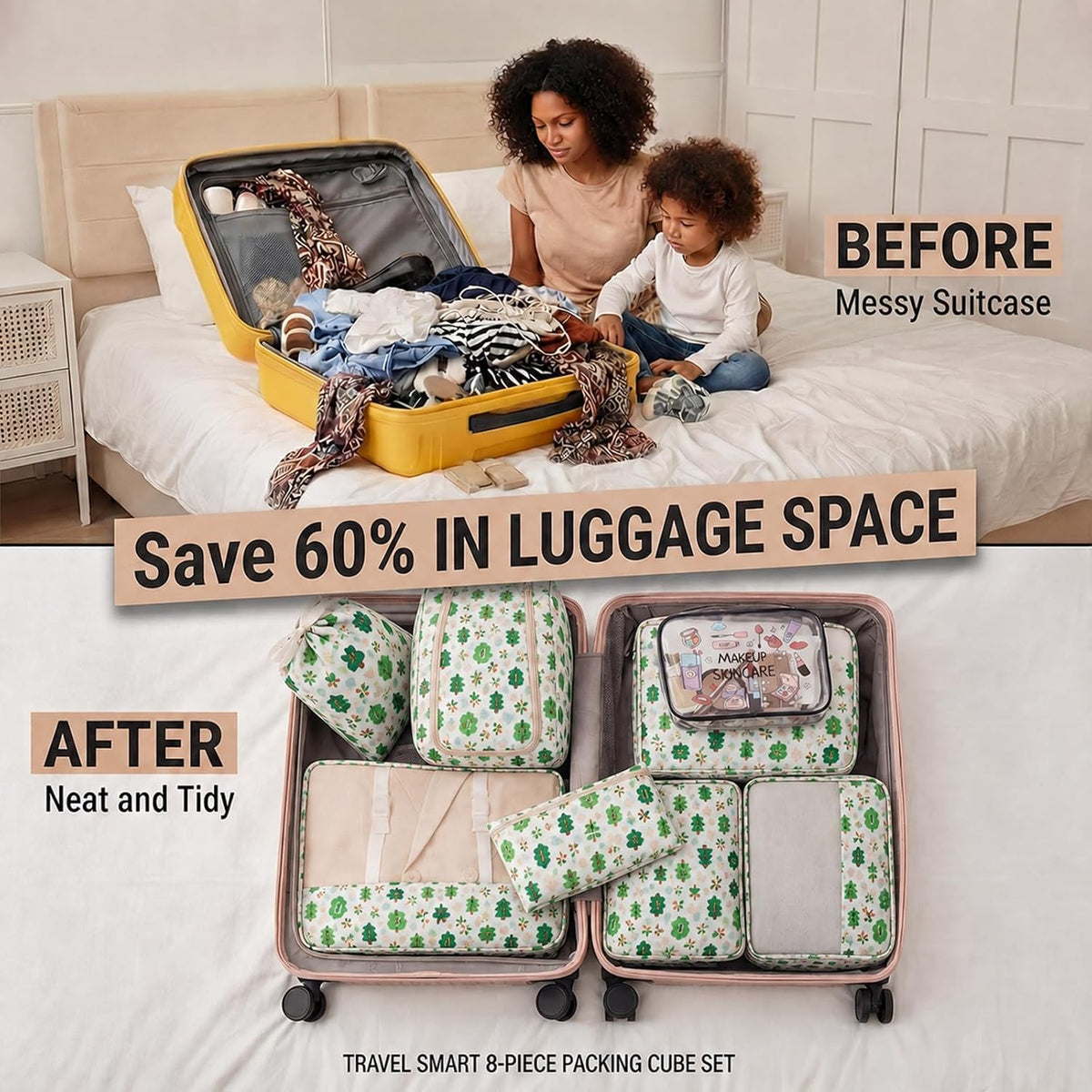 8 Set Packing Cubes for Travel, Durable Luggage Packing Organizers, Carry-On Accessories, TSA Approved See-Through Cubes, Space-Saving Storage Bags, Gifts for Women (Forest Greenery)