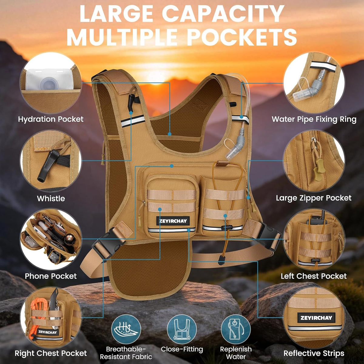 Hydration Pack Vest – Lightweight Chest Pack 2.0L Hands-Free Water Bladder Backpack, Reflective Strips, Adjustable Fit for Men and Women, Ideal for Marathon, Trail Running, Hiking, Cycling