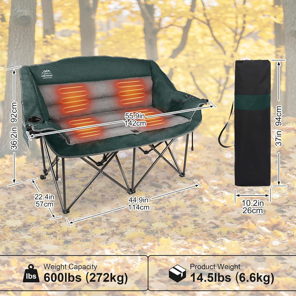 Heated Double Camping Chairs,3 Heat Levels Padded Portable Loveseat w/Wine Glass Holder,Cup Holder,Heating Outdoor Camp Couch Support 600 Lbs,Dark Green,Battery NOT Included