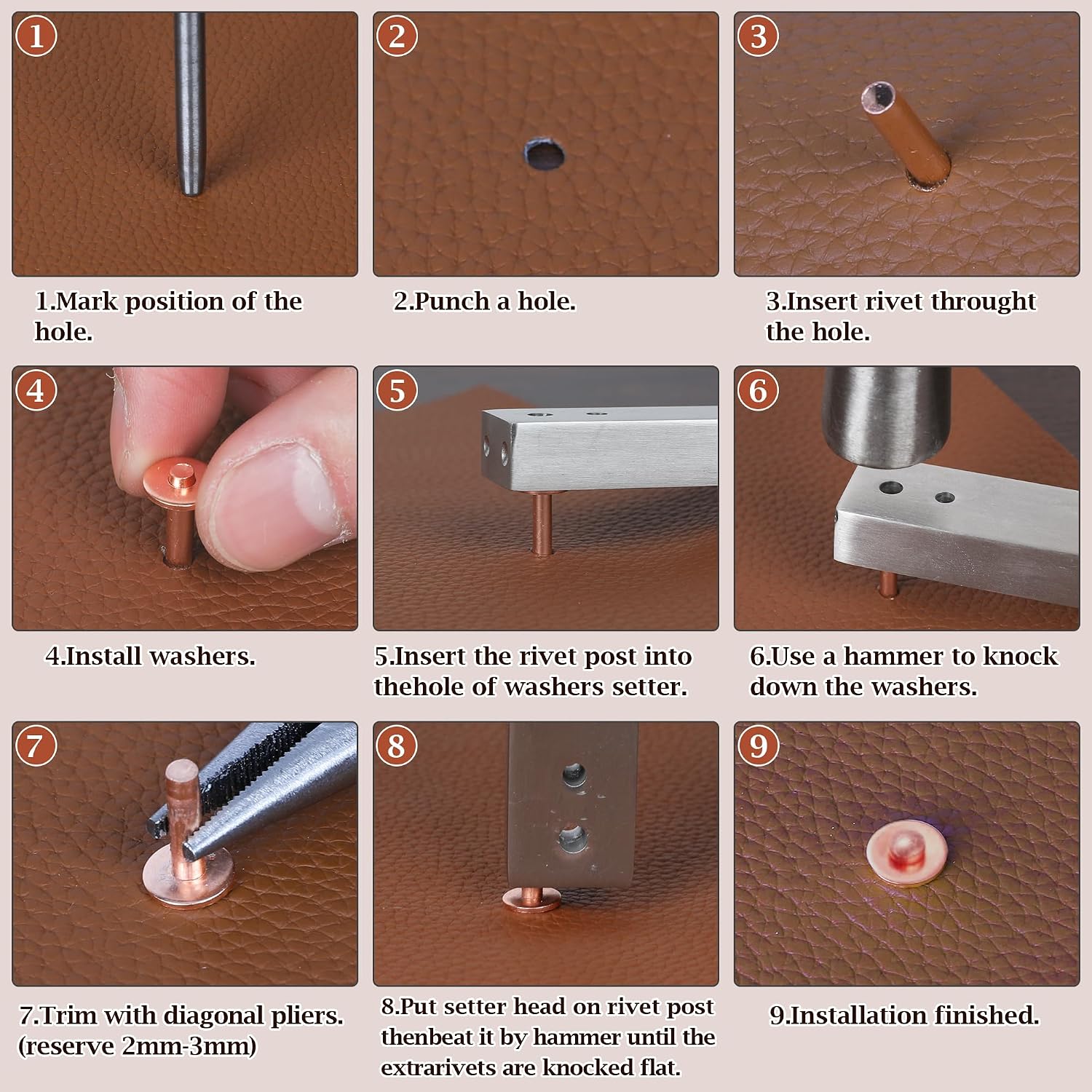 Funria 104PCS Copper Rivets for Leather 5 Size of Copper Rivets and Burrs Leather Rivets Kit with Setter Tool Rivets Fastener and Punch Leathercraft Supplies for Belts Wallets Collars DIY (50 Sets)