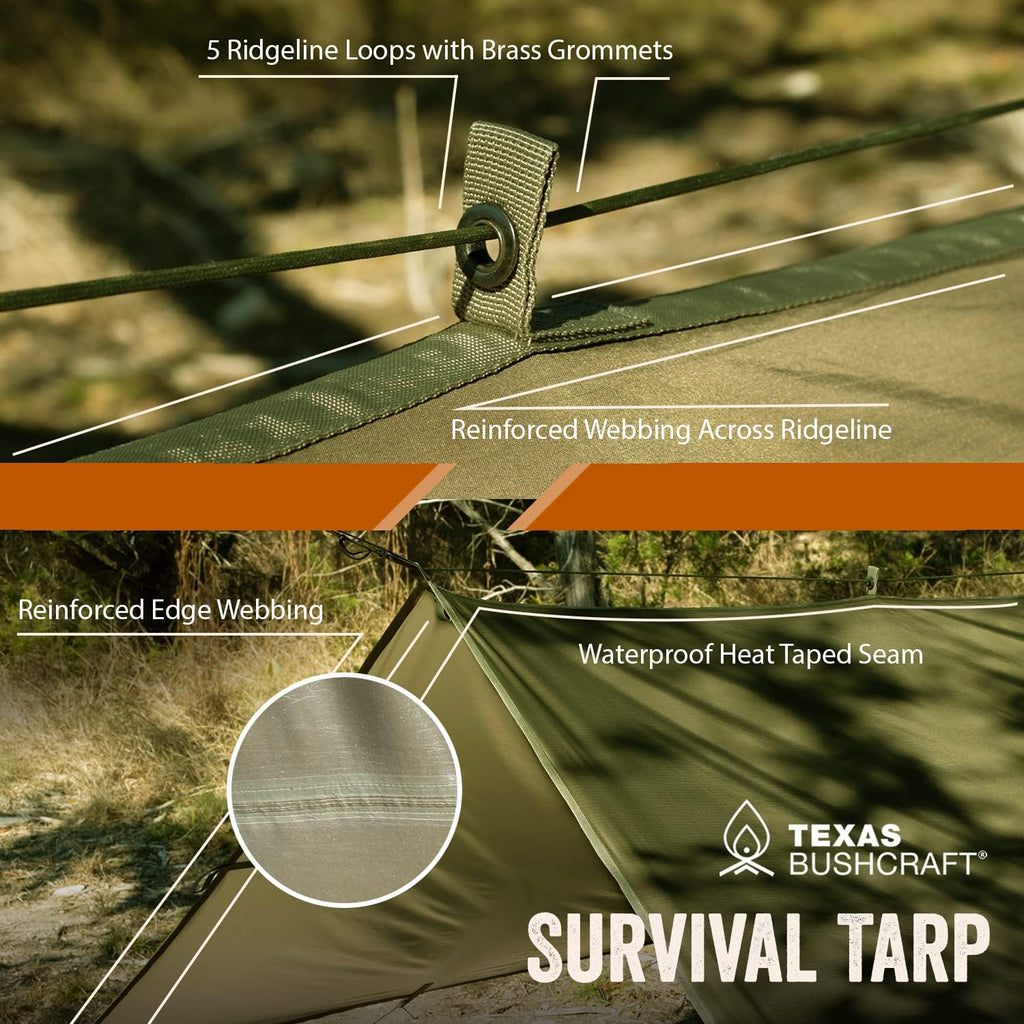 Texas Bushcraft Emergency Camping Tarp, Waterproof 10x10 Emergency Shelter for Backpacking and Hiking, 70D Ripstop Nylon Survival Tarp with Reflective Aluminized Polymer and Loop Ties with Grommets