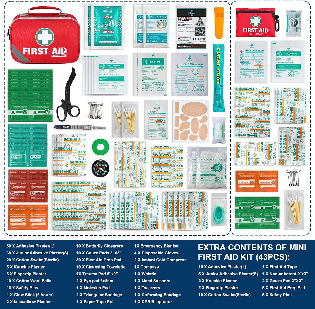 General Medi 2-in-1 First Aid Kit (215 Piece Set) + 43 Piece Mini First Aid Kit -Includes Ice(Cold) Pack, Moleskin Pad and Emergency Blanket for Travel, Home, Office, Car, Workplace