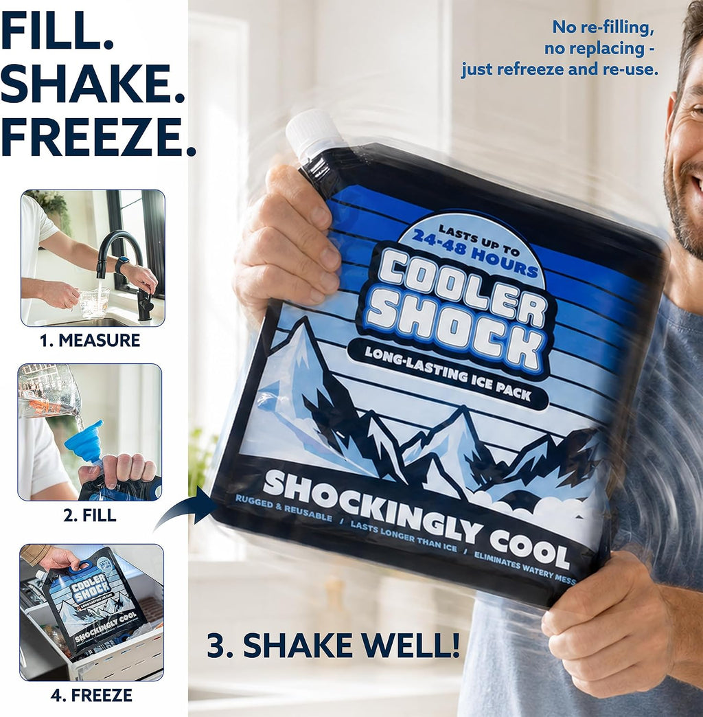Cooler Shock Reusable Ice Packs for Cooler - Long Lasting Cold Freezer Packs for Coolers and Lunch Boxes - Cooler Ice Packs for Camping Gear, Fishing, Road Trips, Beach Must Haves