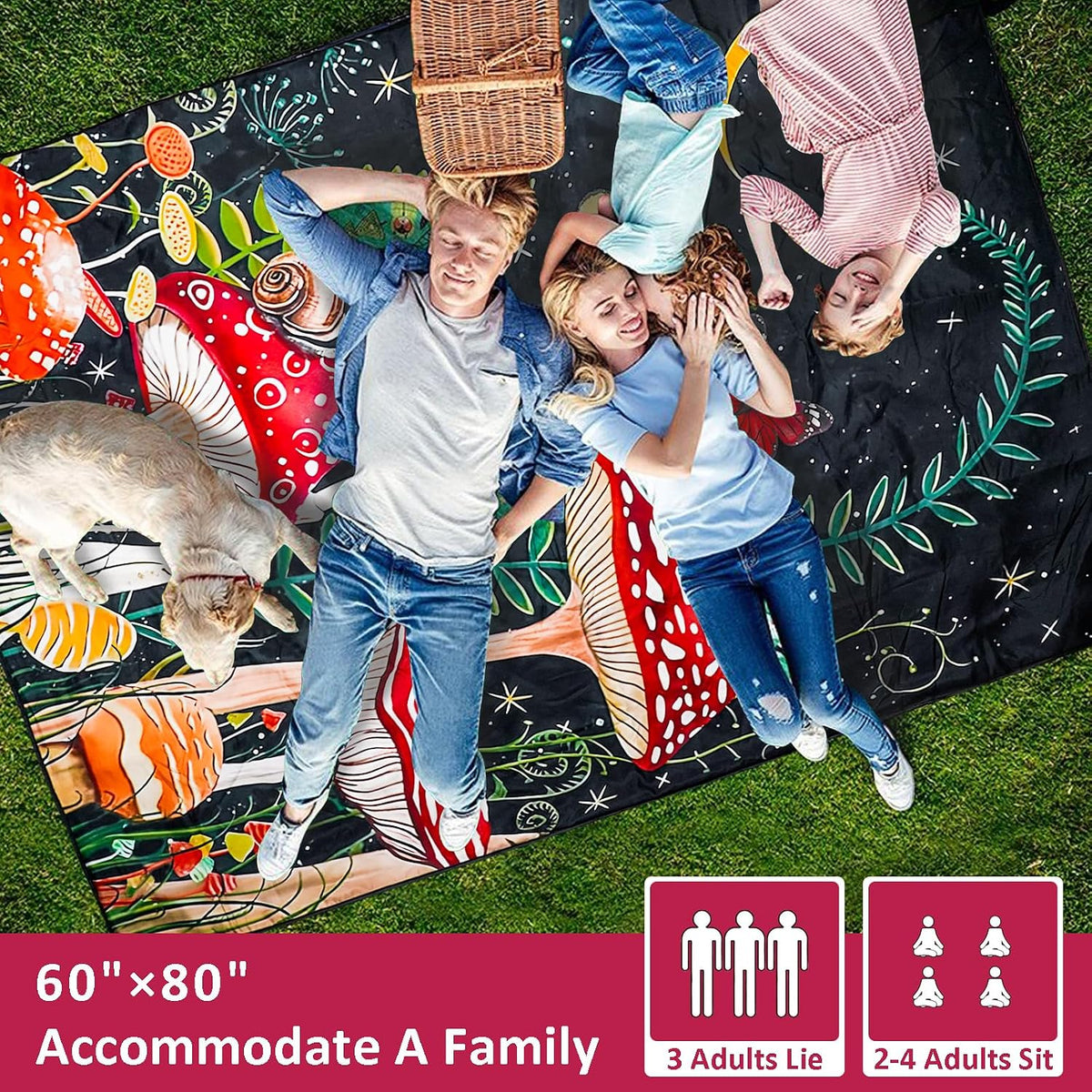 Mushroom Picnic Blankets Waterproof Foldable Picnic Outdoor Blanket 80"x 60" Picnic Mat 3-Layer Thicking Outdoor Foldable Blankets Sandproof Lightweight Beach Blankets with Strap Machine Washable