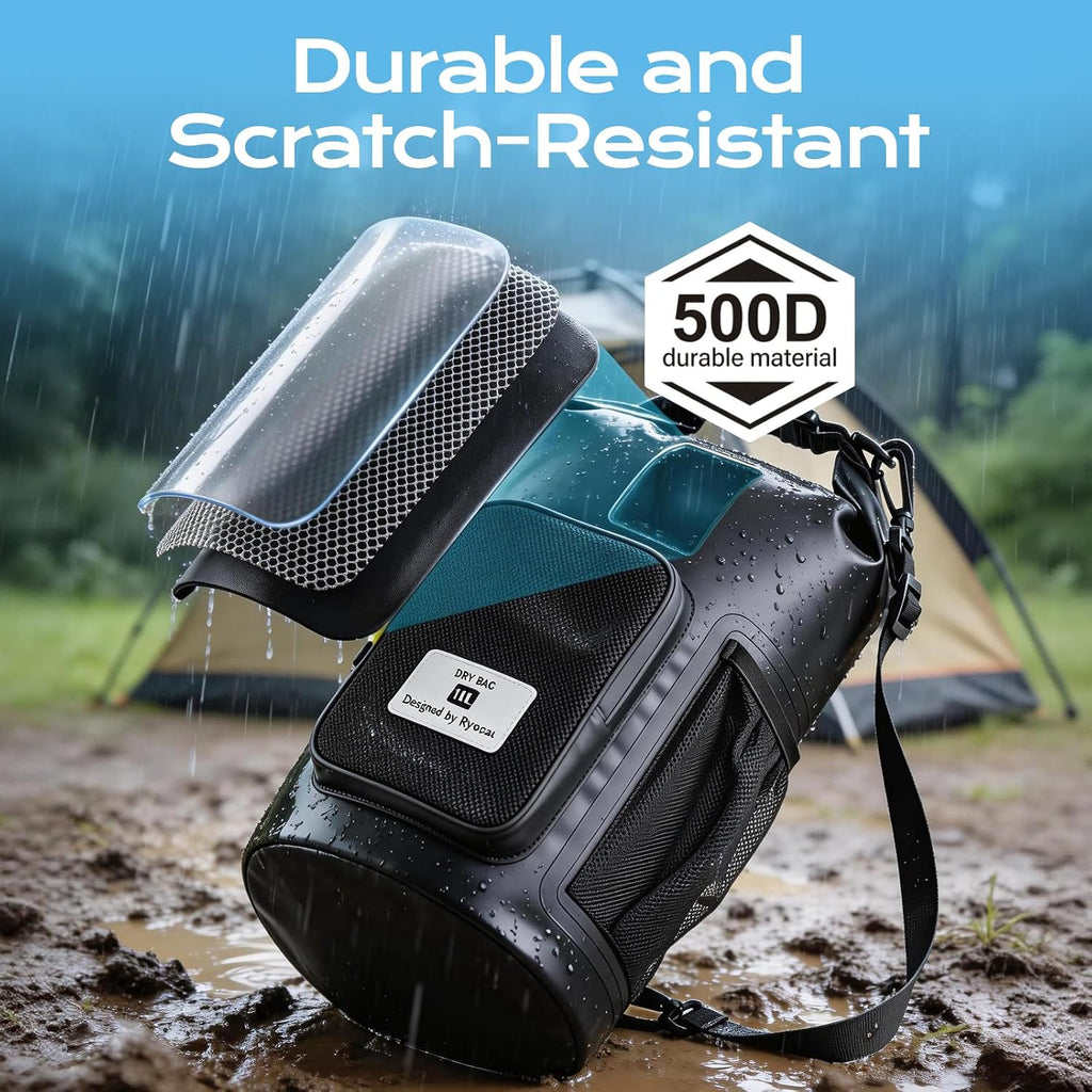 Rynapac 10L Waterproof Dry Bag with Bottle Holder & Mesh Pocket, 500D PVC Tarpaulin Roll Top Dry Sack with Inner Waterproof Adsorption Film, Dry Storage Bag for Kayaking, Boating, Beach, Camping