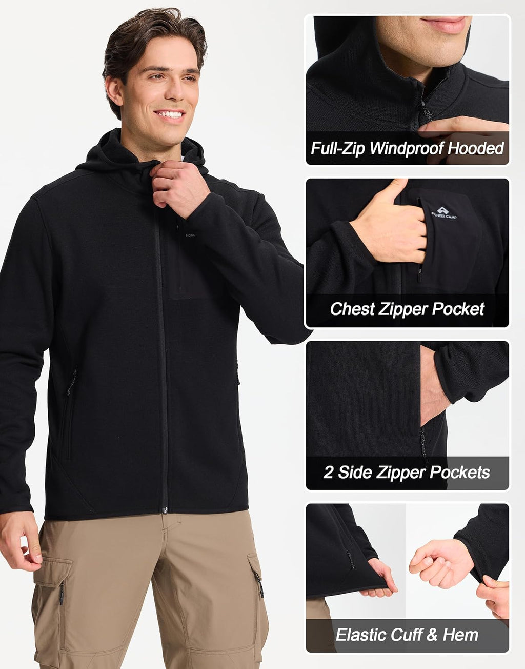 Pioneer Camp Men's Hooded Sweater Fleece Jacket Full Zip Hiking Mid Layer
