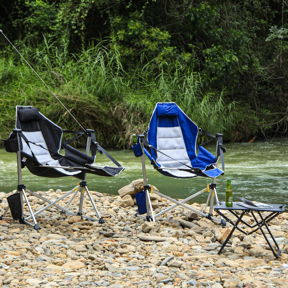 Romswi 2-Pack Aluminum Hammock Chair with Footrest, Oversized Portable Folding Swinging Chair with Adjustable Back & Seat, Lightweight Rocking Camp Chair Supports 440lbs for Outdoor, Patio - Blue