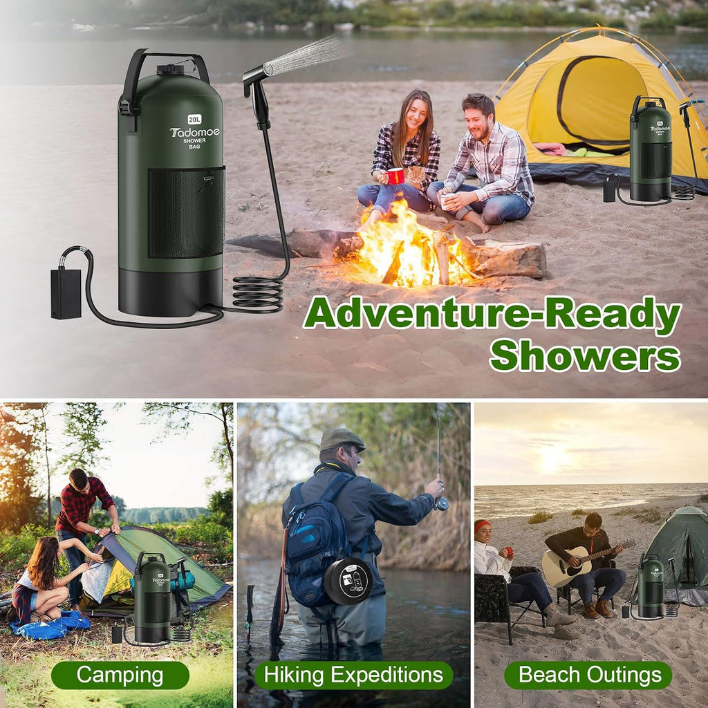 Portable Camping Shower with Battery Powered Pump, 5 Gal/20L Solar Heated Camp Shower Bag, 3-Mode Shower Head & Travel Case for Outdoor Camping, Beach Rinse & Dogs