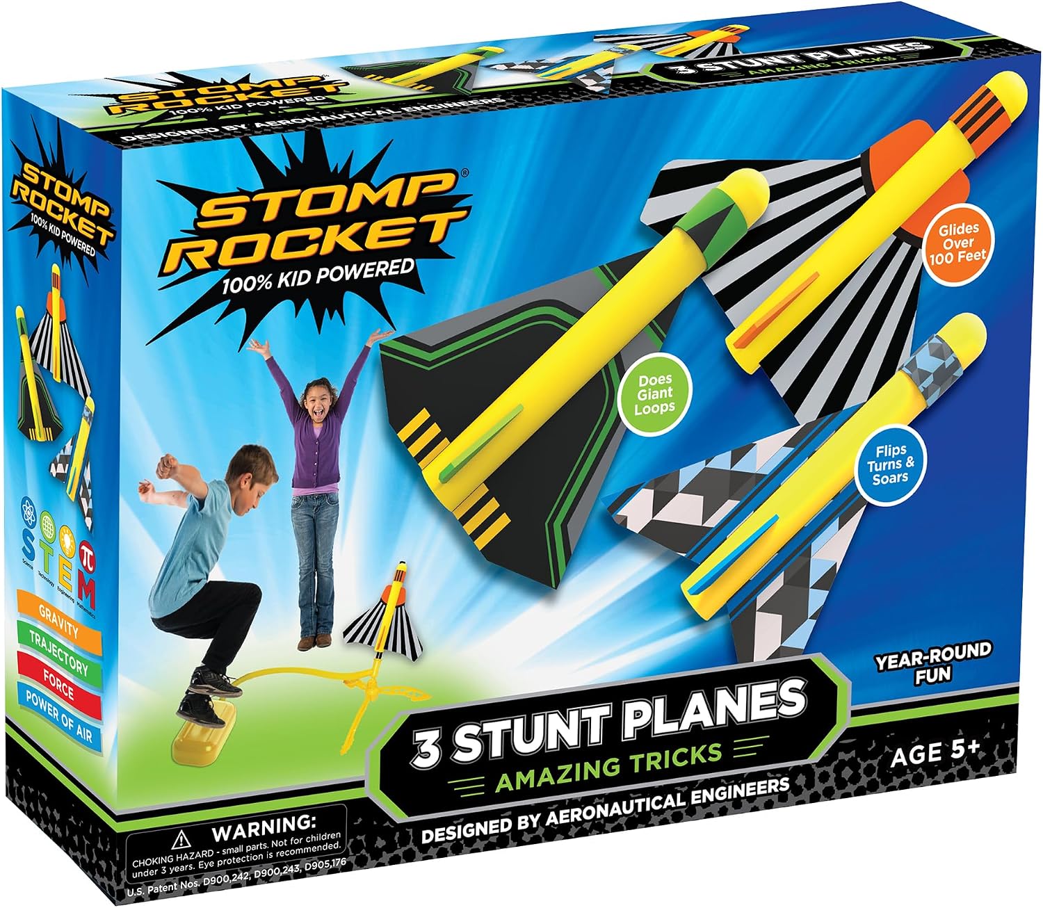 Stomp Rocket Stunt Plane Rocket Launcher Toy for Kids - 3 Foam Airplane Toy