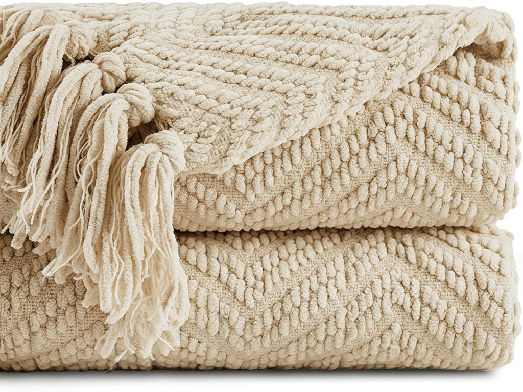 BATTILO HOME Beige Throw Blanket for Couch, Knitted Beige Throw for Bed, Neutral Throw Blankets Tan Throw Blanket for Room Decor Housewarming Gifts, 50" x 60"