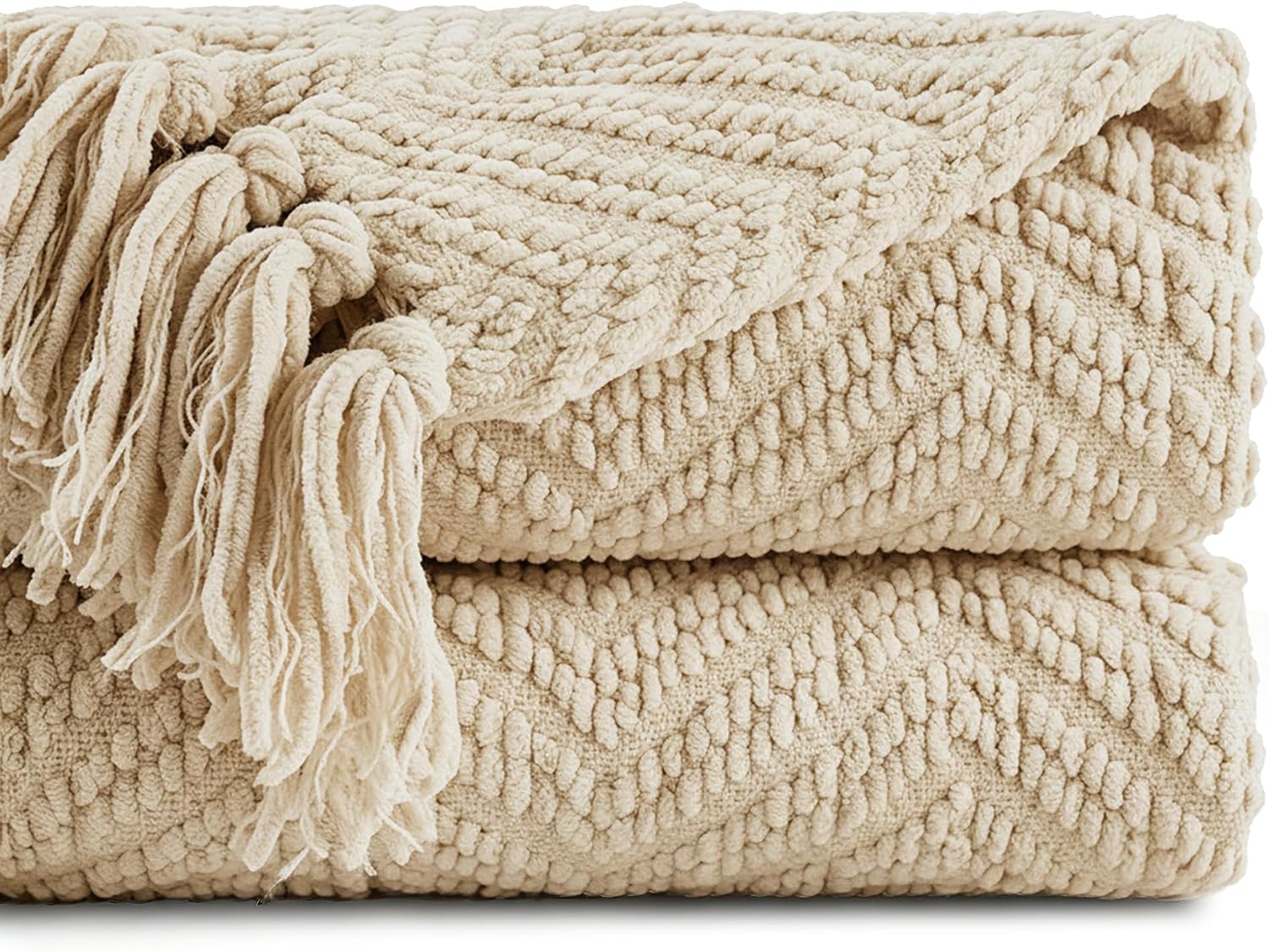 BATTILO HOME Beige Throw Blanket for Couch, Knitted Beige Throw for Bed, Neutral Throw Blankets Tan Throw Blanket for Room Decor Housewarming Gifts, 50" x 60"
