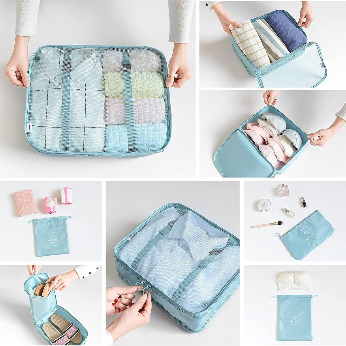 LANSKLBD 6/8 Set Packing Cubes for Suitcases Travel Luggage Packing Organizers,Travel Accessories Essentials Luggage Organizer with Shoe/Tioletry/Laundry Bag (Light Blue, 8 set)