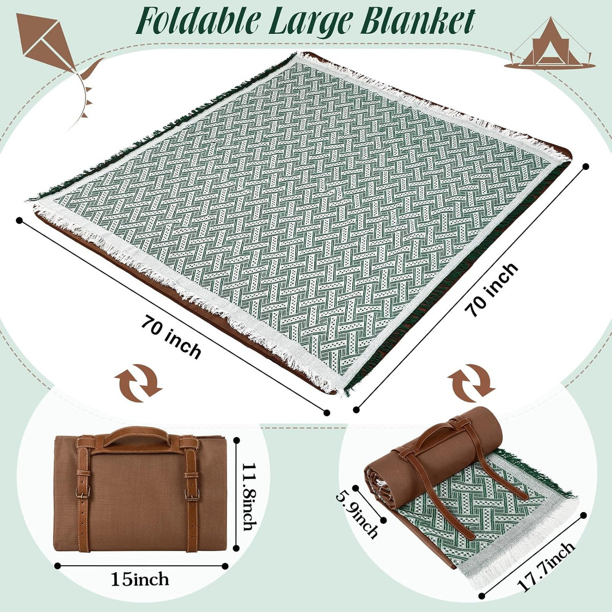 VitalCozy Waterproof Picnic Blankets 71×71 Inch Outdoor Blanket, Green