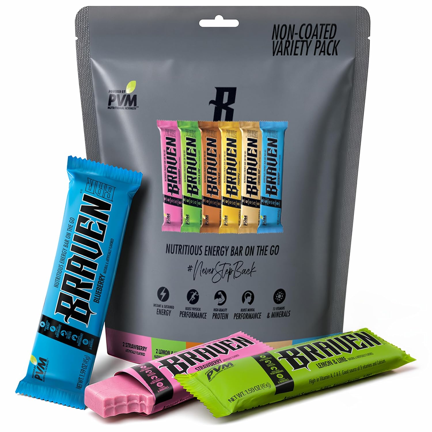 Braven Bar Assorted Energy Bars Variety Pack (1.59 oz, Pack of 10) – Performance Fuel On the Go – Soft & Chewy Candy-Like Texture – 13 Vitamins & Minerals – No Caffeine, No Crash – No Artificial Dyes – Gluten Free