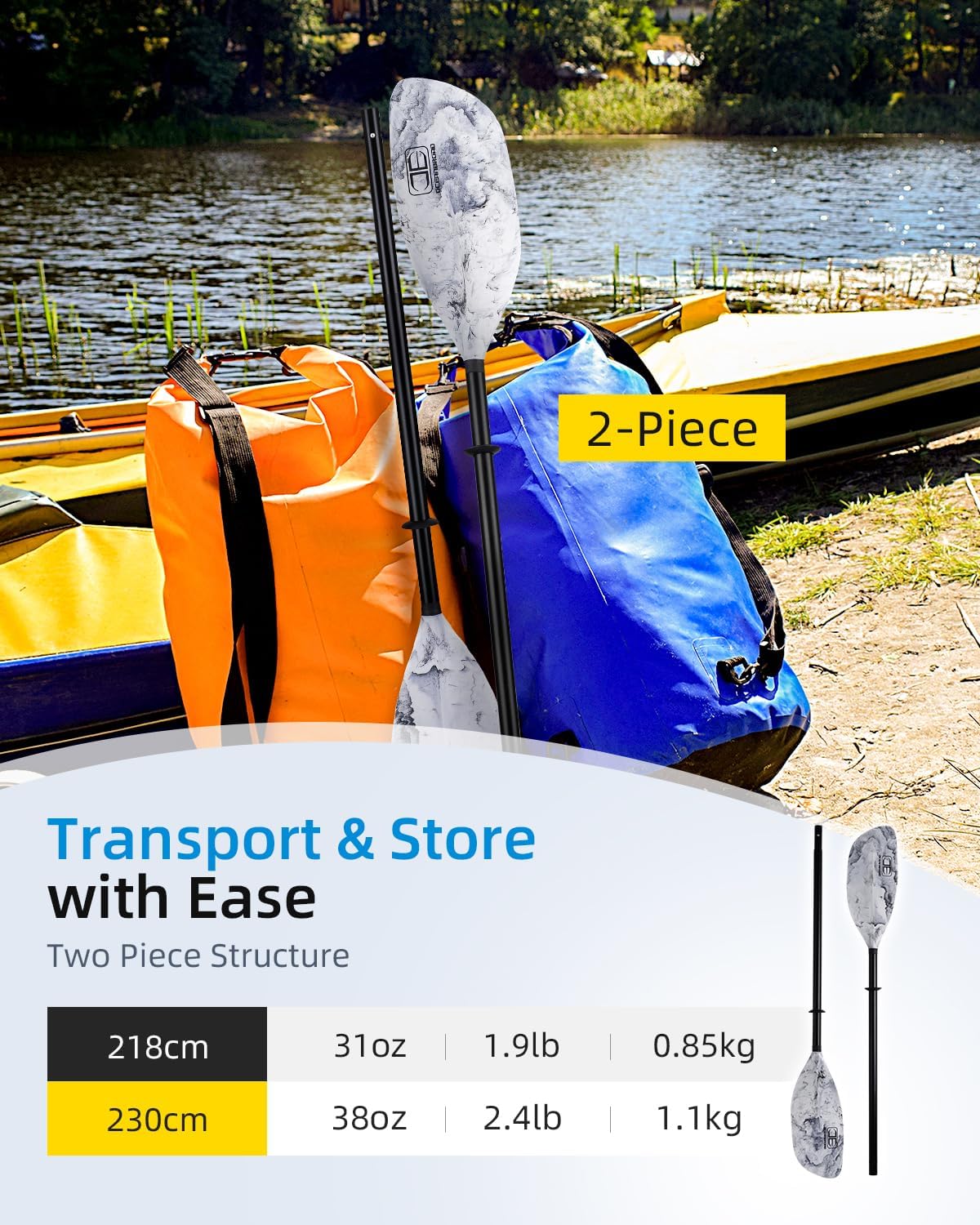 OCEANBROAD Kayak Paddle 86in/218cm, 90.5in/230cm Alloy Shaft 2-Piece Floatable Kayak Oar for Kayaking Canoeing Boating