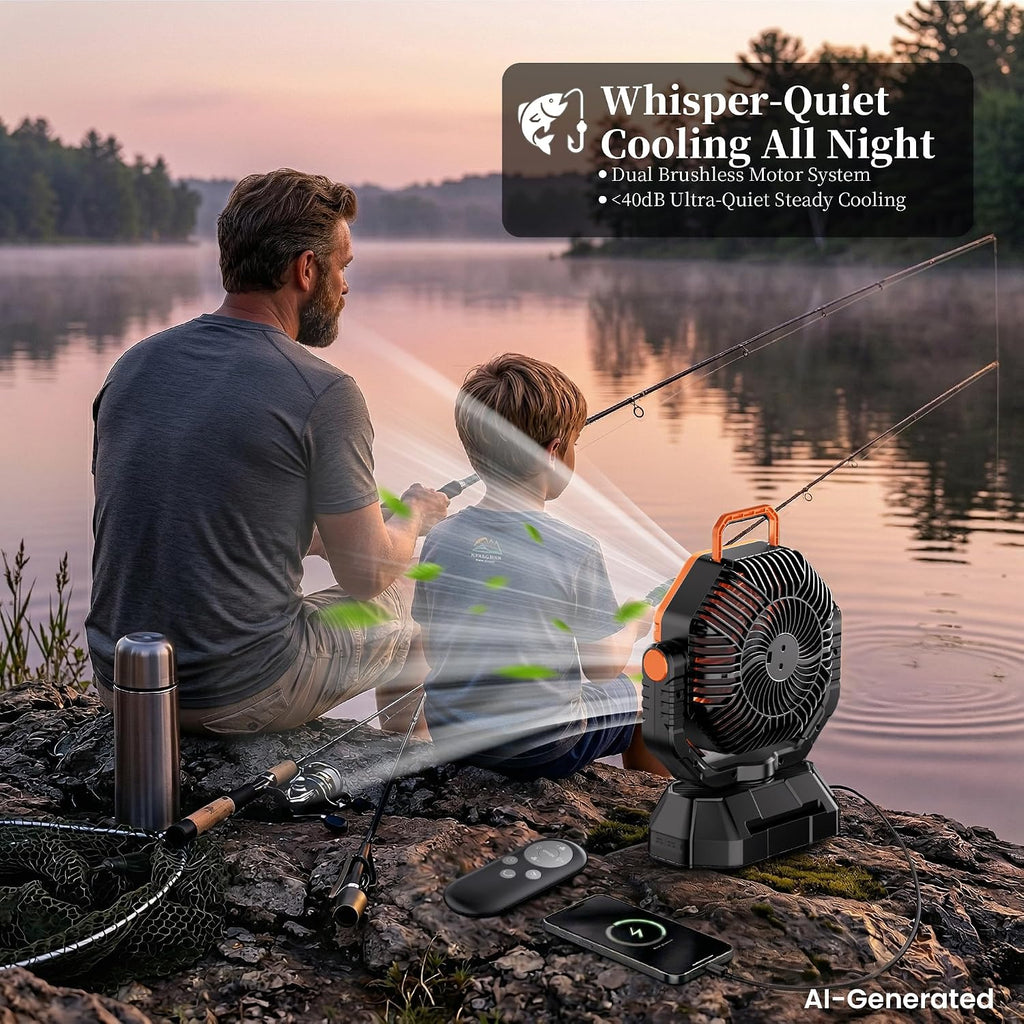 AJVV Camping Fan with Light, Remote and Oscillation, Battery Powered Hanging Tent Fan, Rechargeable Portable for Camp, Outdoor, Emergencies, Fishing, RV Travel, Jobsite