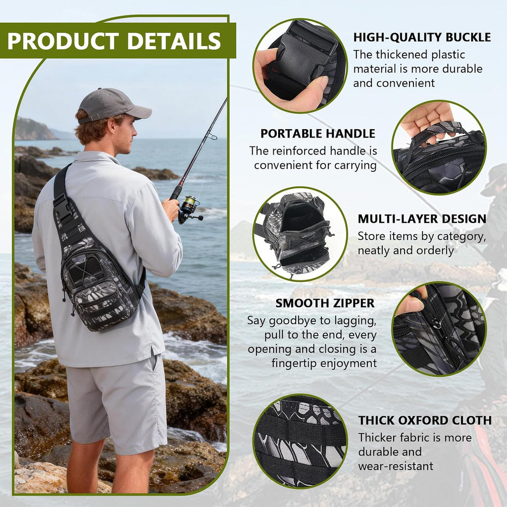 Fishing Backpack Small Fishing Tackle Storage Bag with 3 Methods of Carrying Large Capacity Sling Backpack for Outdoor Hiking Travel Hunting (Pythonskin Black)