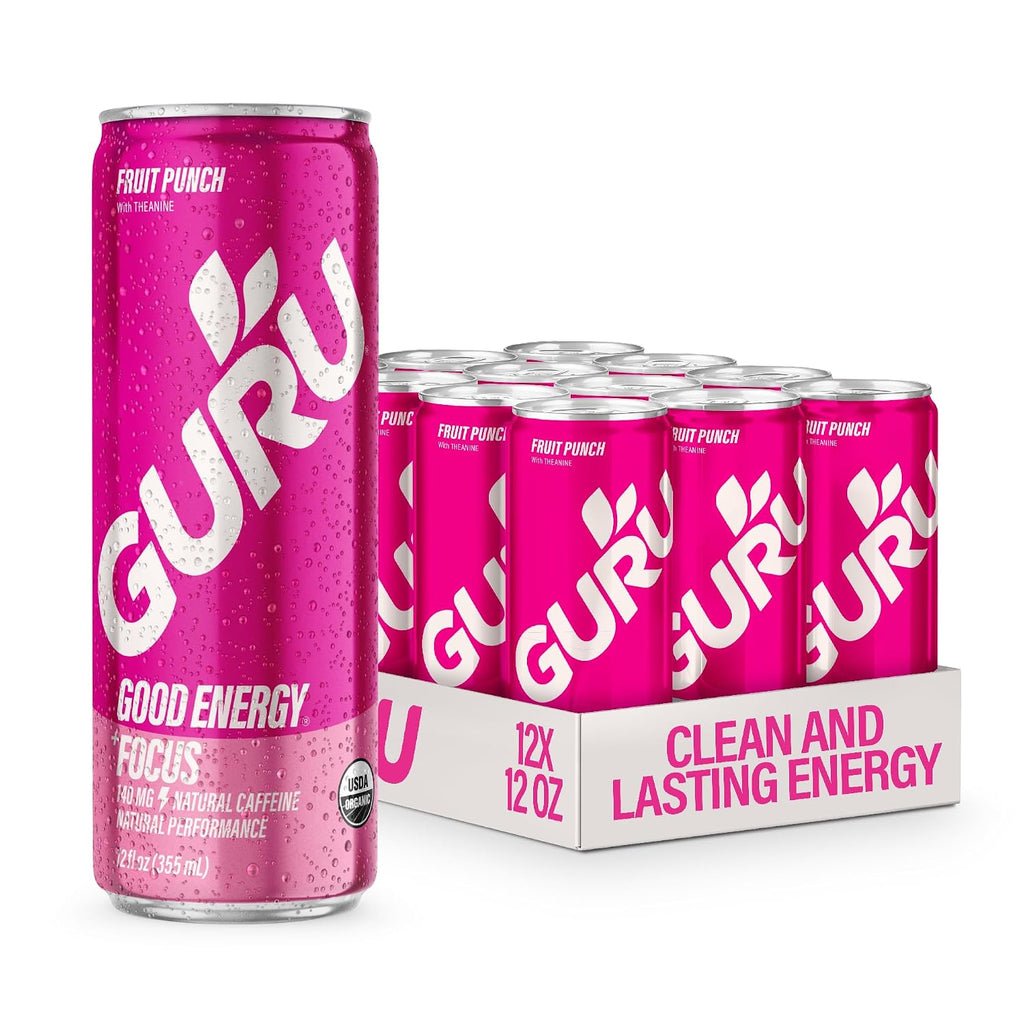 GURU Organic Energy Drink, Fruit Punch, Natural Caffeine, 12 Fl Oz, 12 Pack