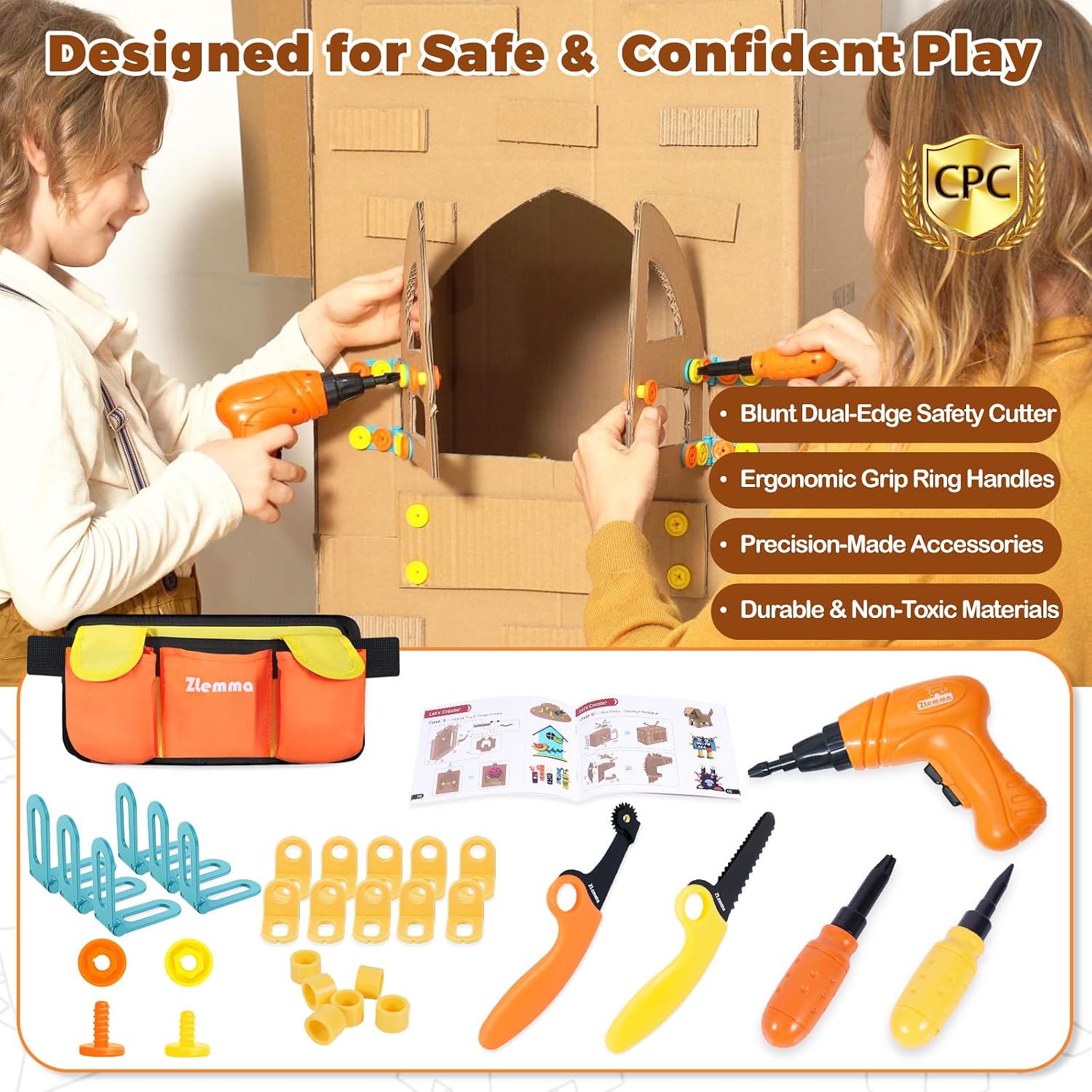 Kids Cardboard Construction Tool Set with Electric Drill & Tool Belt -258PCS, STEM Building Kit for Creative Craft Projects, Educational DIY Engineering Toy for Boys & Girls