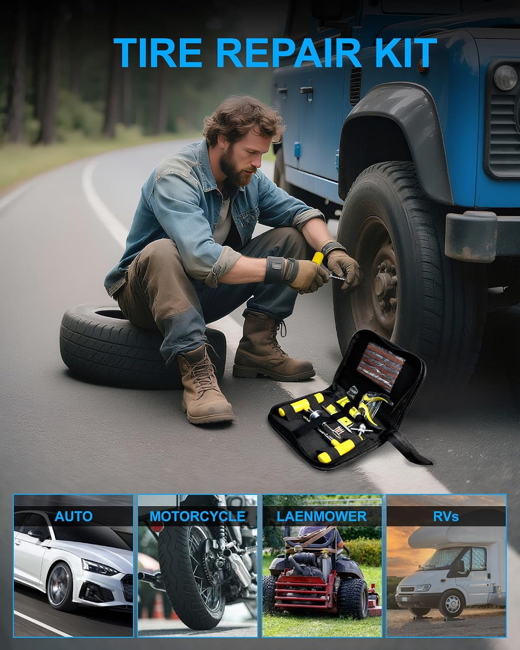 Tire Repair Kit with Plugs, Tire Plug Kit Heavy Duty Professional for Car, ATV, Motorcycle, Truck, Flat Tire Emergency Repair(Zipper Bag Type-33 PCs)