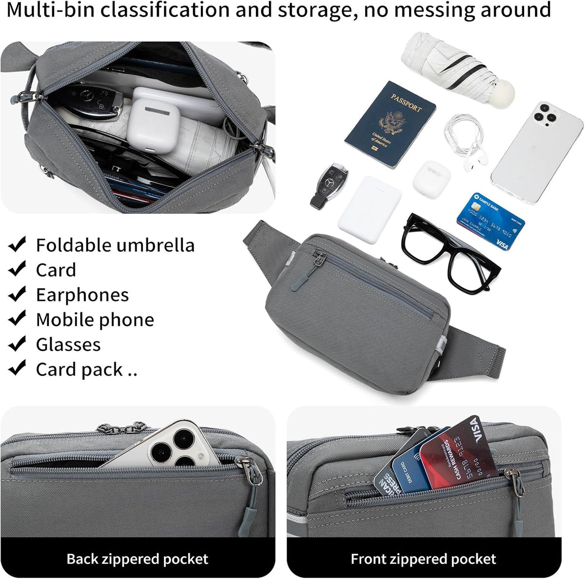 Mini Hiking Waist Bag, 3-Pocket 1.7L RFID Blocking Fanny Pack for Men Women (Grey)