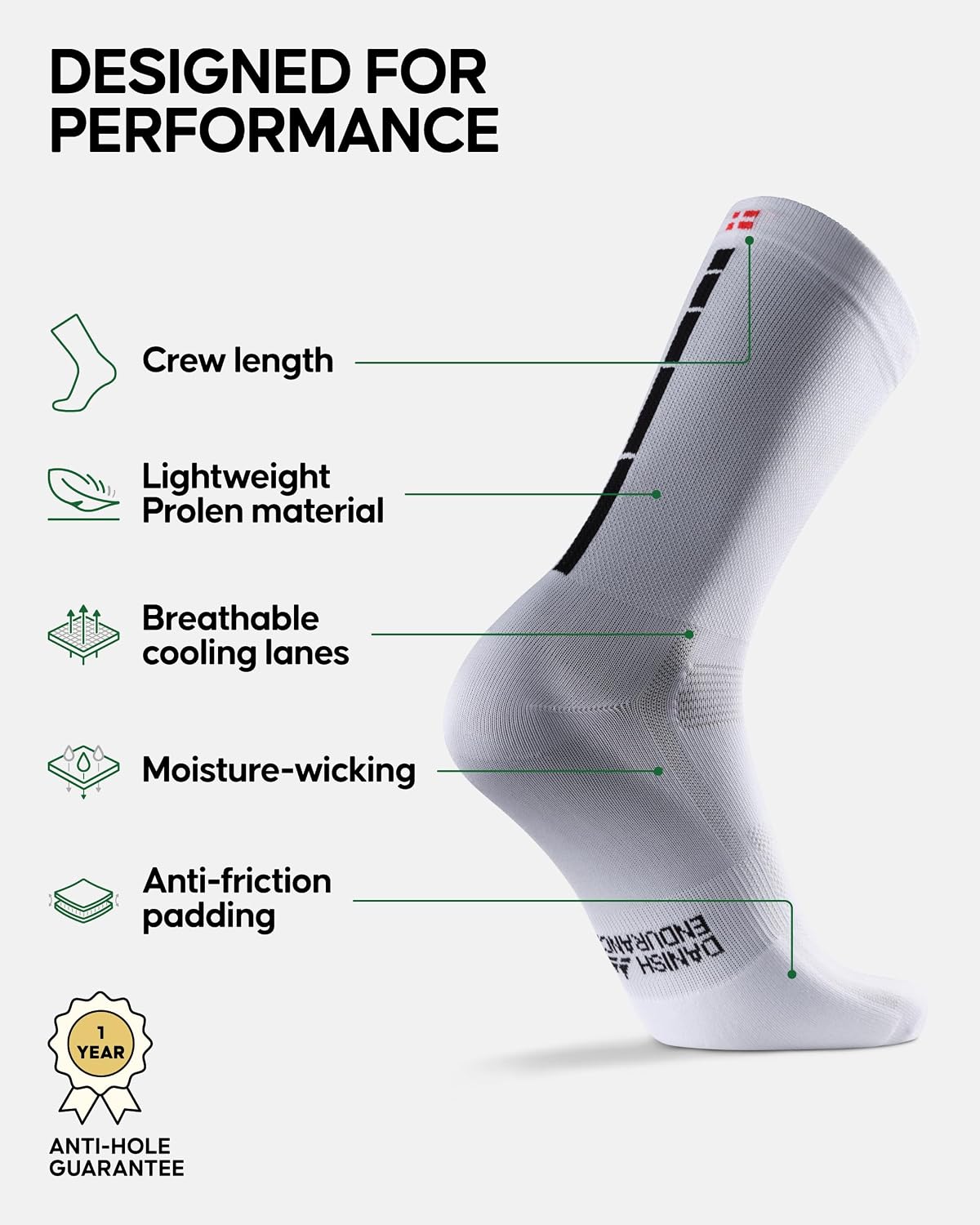 DANISH ENDURANCE Crew Cycling Socks, Fast-Dry & Cushioned, 3 & 5-Pack