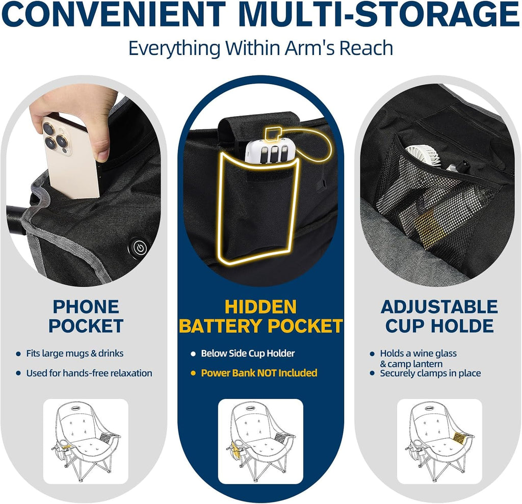 Heated Oversized Camping Chair, Heavy Duty Padded, Thick Headrest, Black