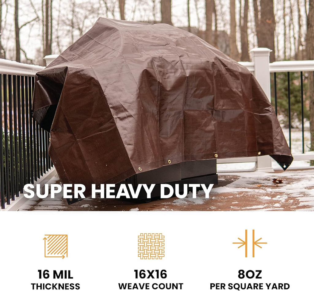 WHITEDUCK Super Heavy Duty Poly Tarp Cover 16 Mil with Grommets and Reinforced Edges (Brown- 16 Mil, 20' x 40')
