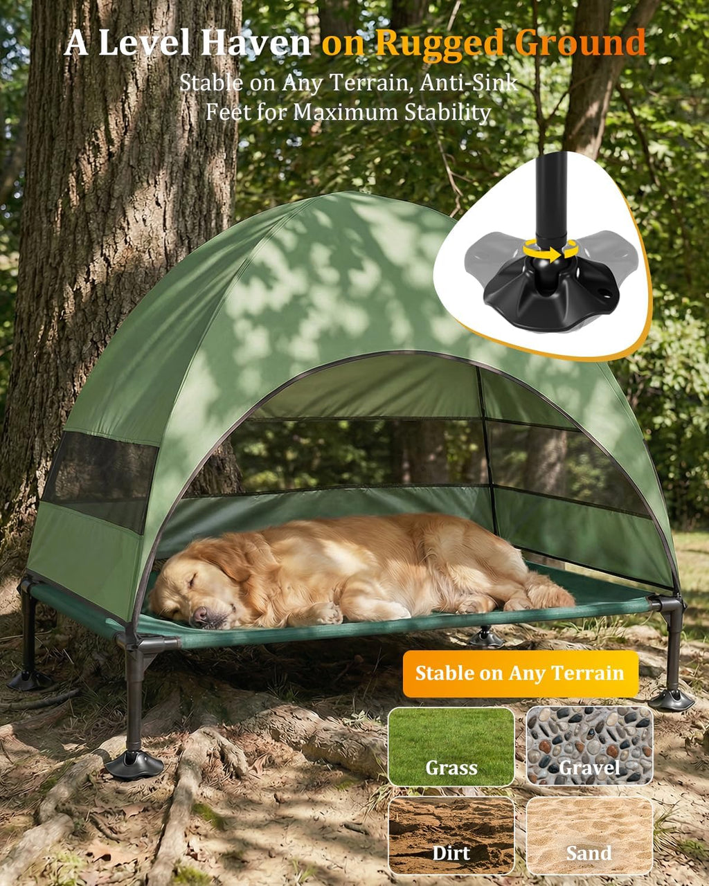 Elevated Outdoor Dog Bed with Canopy, Raised Dog Cot with Stable Adjustable Feet, Dog Camping Bed with Larger Shade, Lifted Dog Tent Bed with Canopy for Outside (Green, Large)