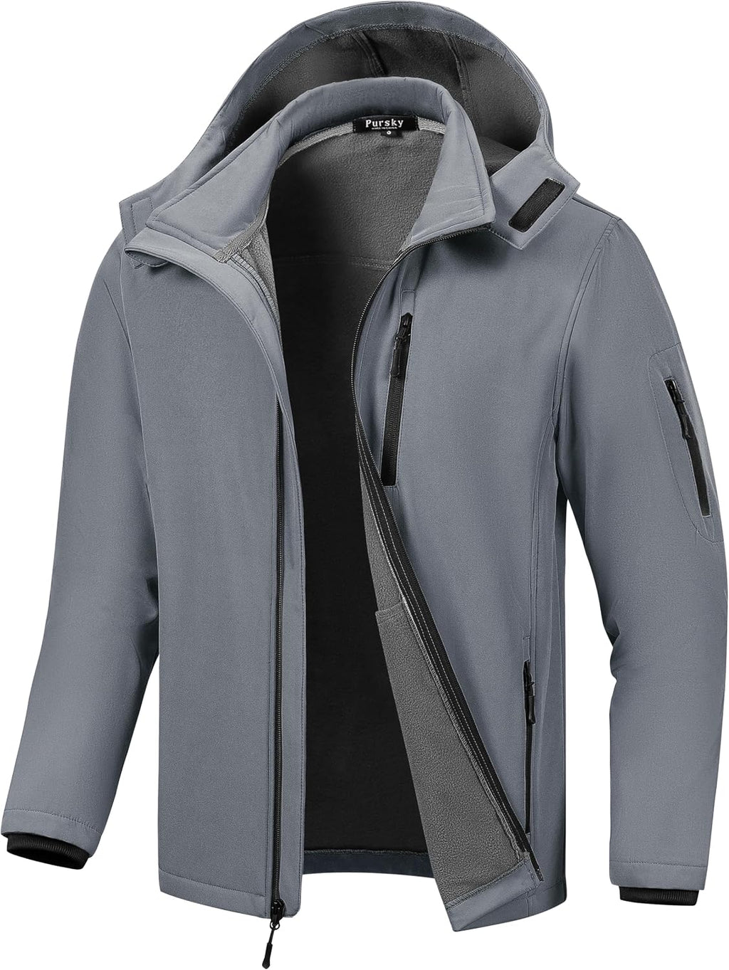Pursky Men's Softshell Jacket Waterproof Fleece Lined Windbreaker With Removable Hood Lightweight Tactical Jacket
