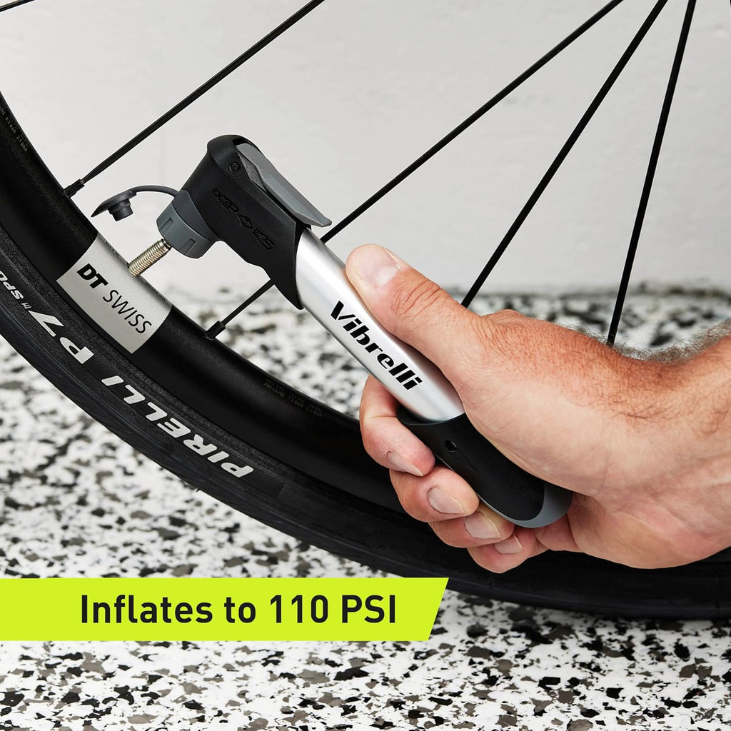 Vibrelli Mini Bike Pump - Presta & Schrader Bicycle Pump - 120 PSI Tire Pump for Road & MTB - No Valve Changing Needed