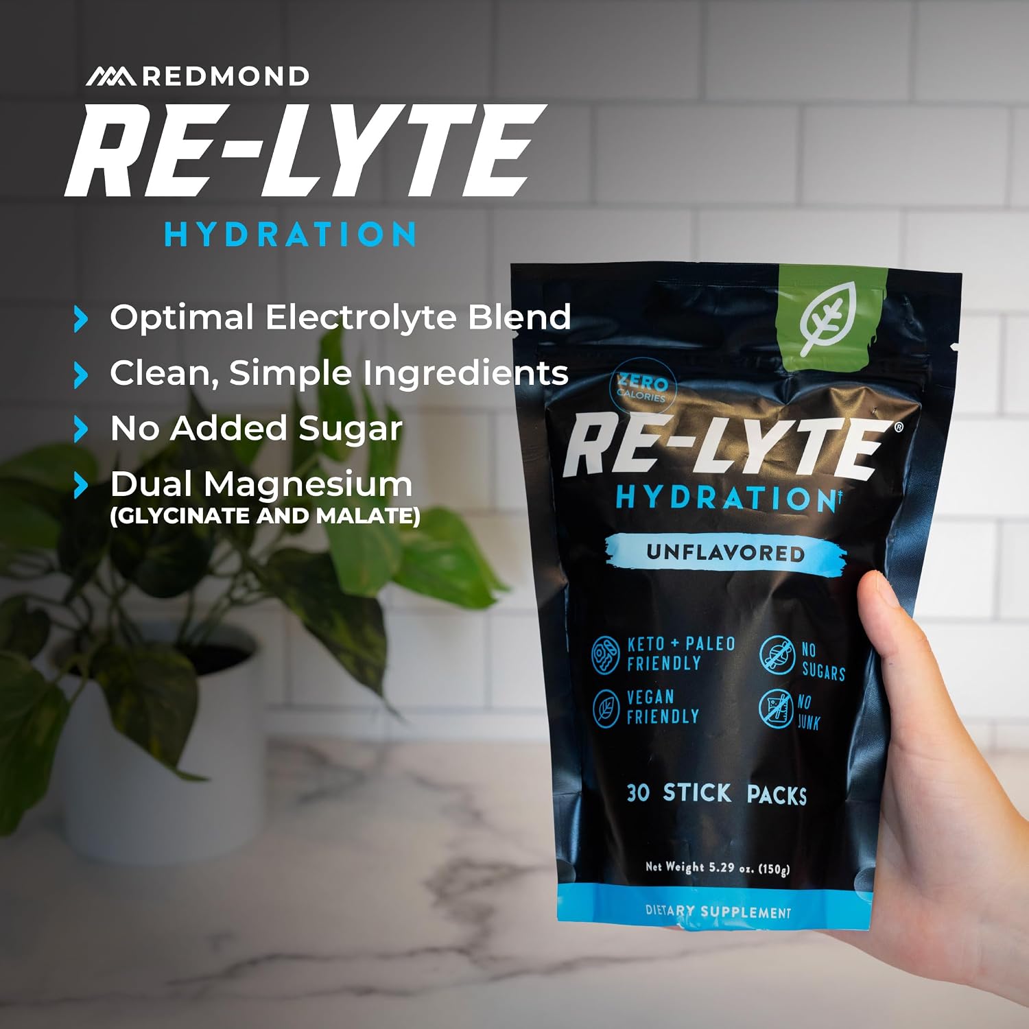 REDMOND Re-Lyte Sugar Free Electrolyte Powder Packets (Unflavored) 30ct