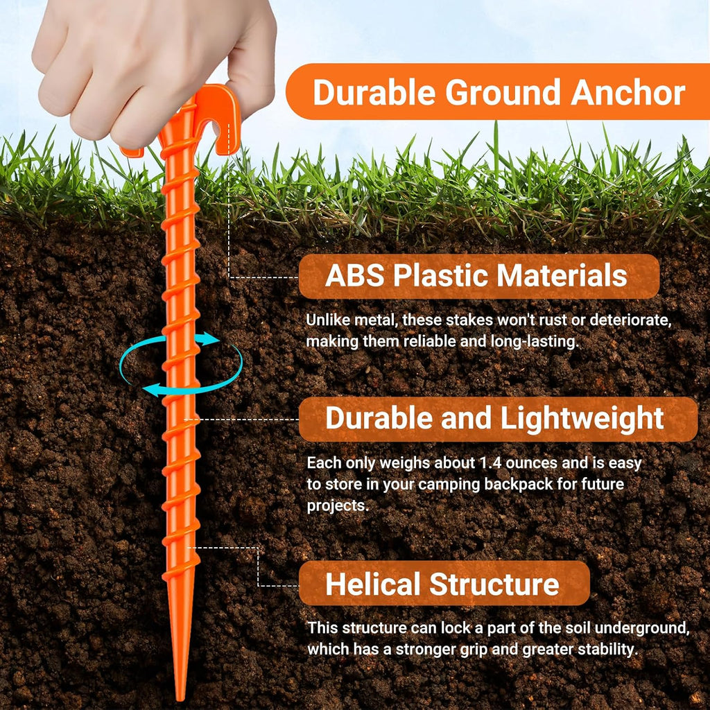 15 Pack Plastic Spiral Tent Stakes - 10 Inch Heavy Duty Screw-in Sand Anchors Pegs - Windproof Plastic Ground Anchor Stakes for Secure Tents, Inflatables, Canopies, Tarps, Garden Structures